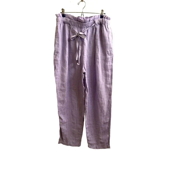 Free People Only Over You 100% Linen Paper-Bag Pants Elastic Waist Lavender Sz M - Picture 2 of 10